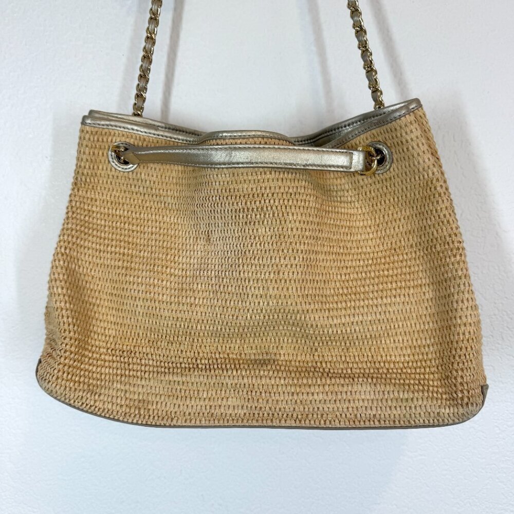 Tory Burch Woven Shoulder Bag Purse Tote Gold Accents Tassels Natural - Picture 4 of 15